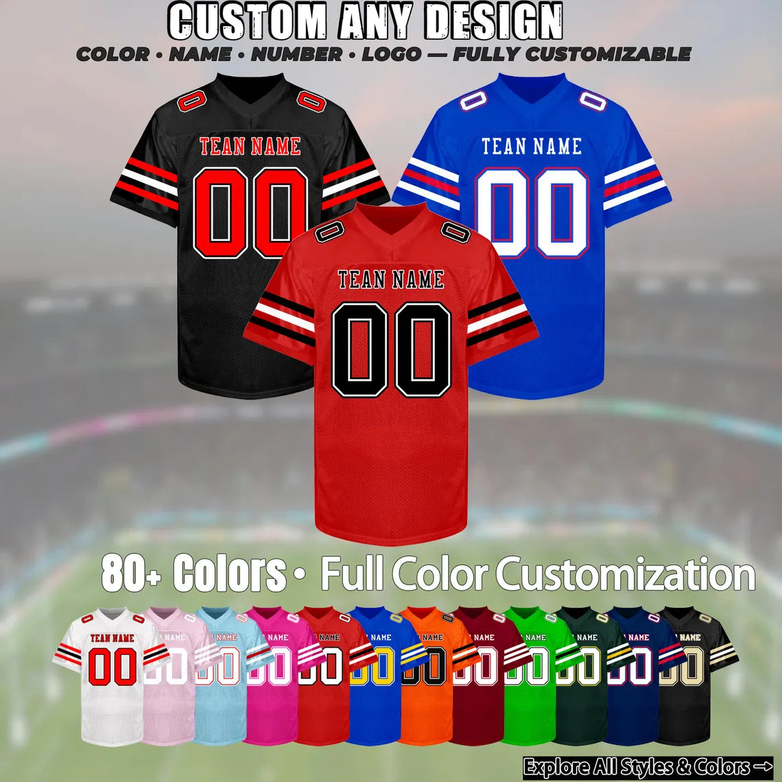 Custom Football Jersey Personalized Stitched Name Number Team Logo Game Customize Football Mesh Shirt Fan Gift for Men Women Youth Sports