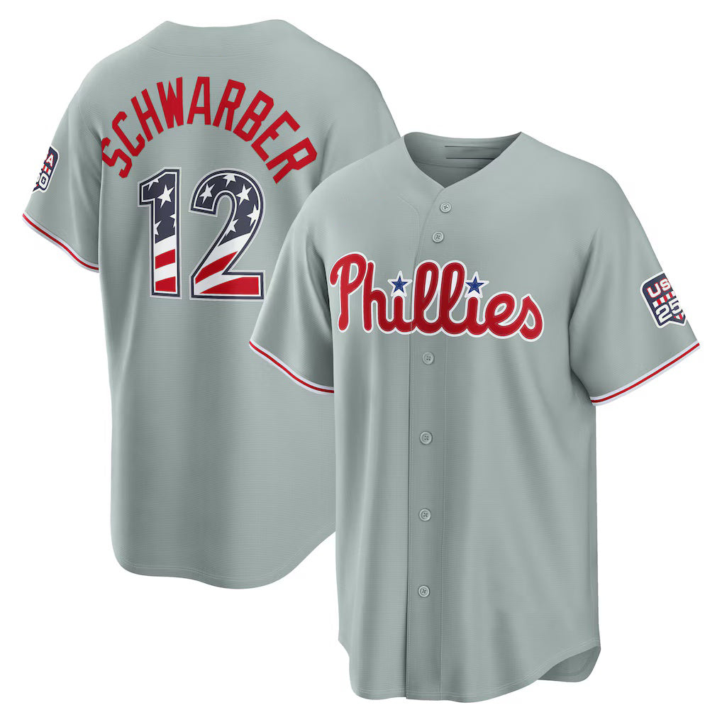 Philadelphia Phillies #12 Kyle Schwarber USA 250 Fourth of July Road Stadium Jersey - Gray Puhics