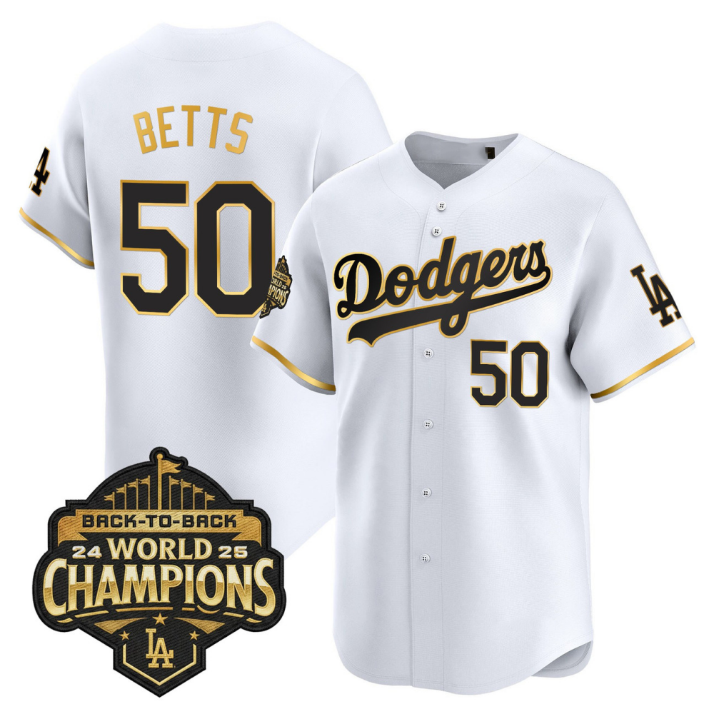 Los Angeles Dodgers White Gold 2025 Back-To-Back World Series Baseball Jerseys