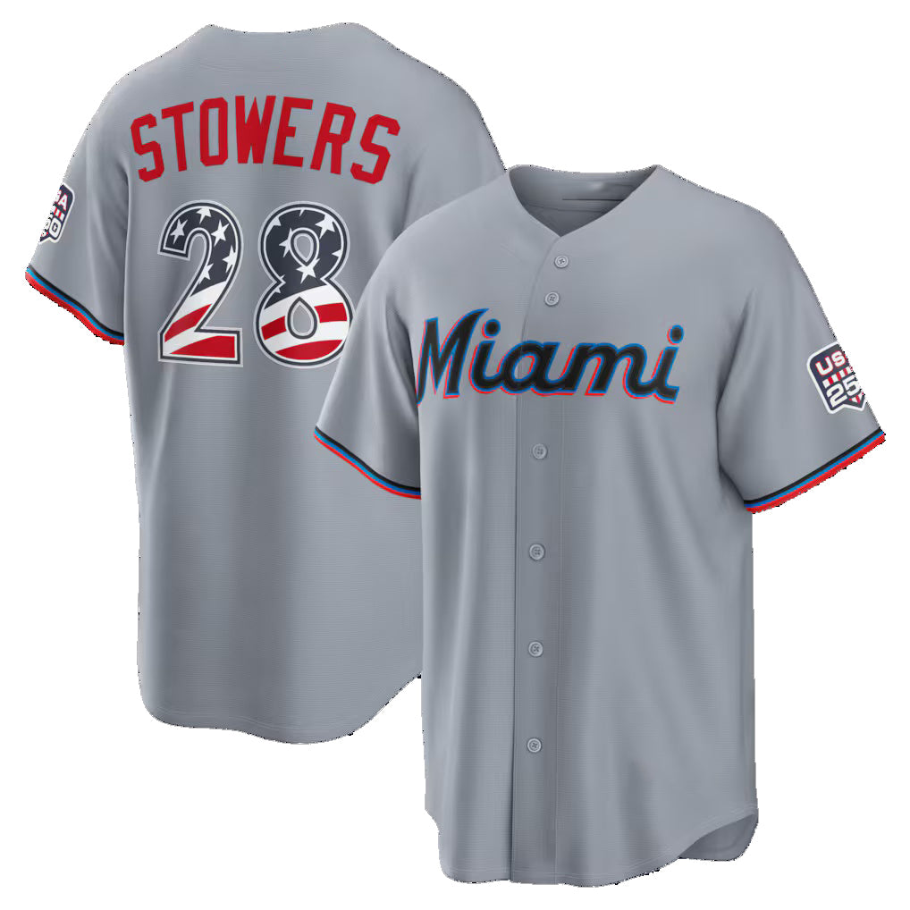Miami Marlins #28 Kyle Stowers USA 250 Fourth of July Road Stadium Jersey - Gray Puhics