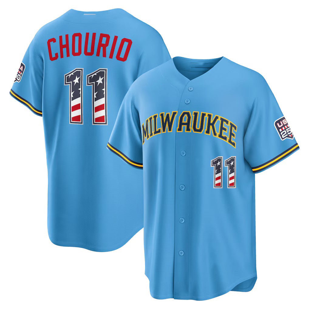 Milwaukee Brewers #11 Jackson Chourio USA 250 Fourth of July Road Stadium Jersey - Light Blue Puhics