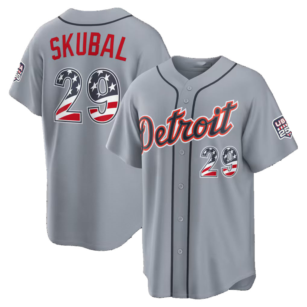 Detroit Tigers #29 Tarik Skubal USA 250 Fourth of July Road Stadium Jersey - Gray Puhics