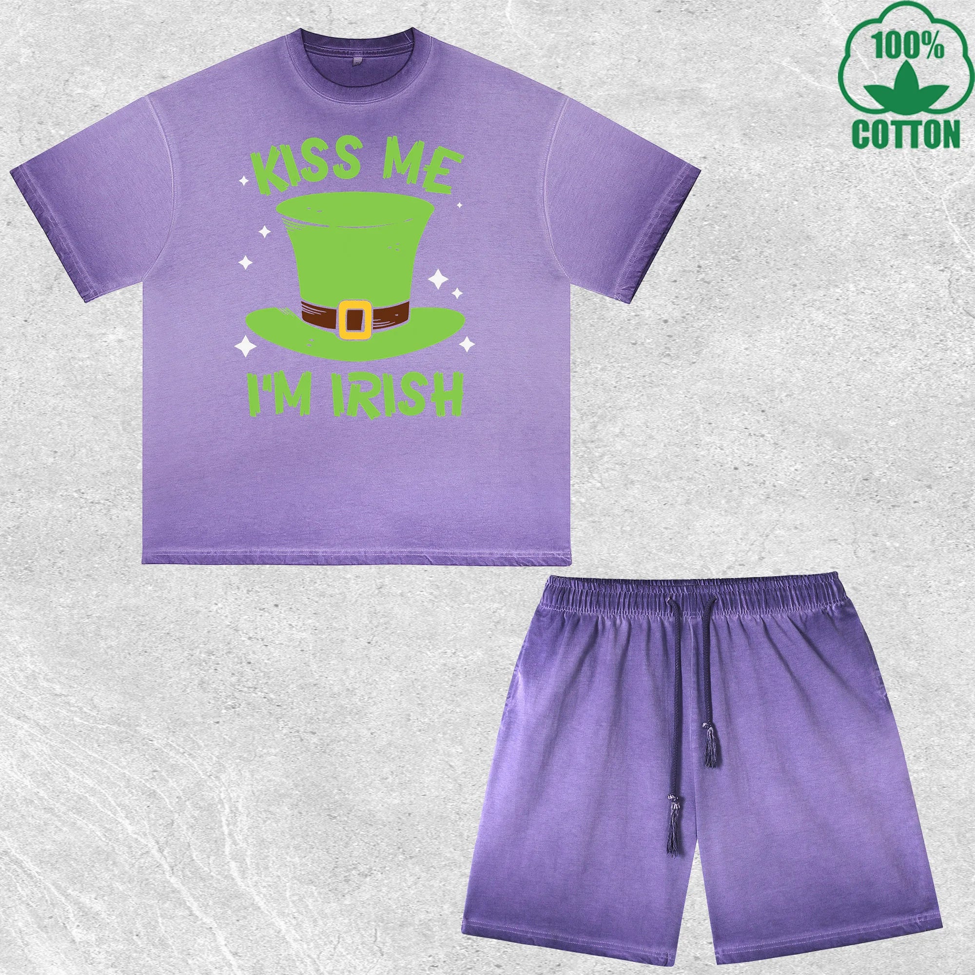 Kiss Me Im Irish Printed Dirty Wash T-Shirt Shorts Set Multicolor Combo Loose Trendy Fashionable 100%Cotton Short Value Pack