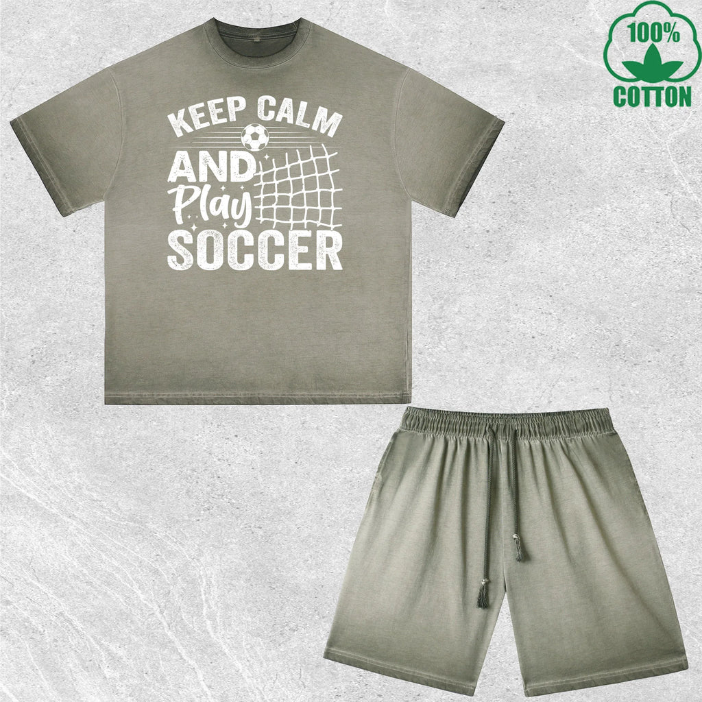 Keep Calm Soccer Printed Dirty Wash T-Shirt Shorts Set Multicolor Combo Loose Trendy Fashionable 100%Cotton