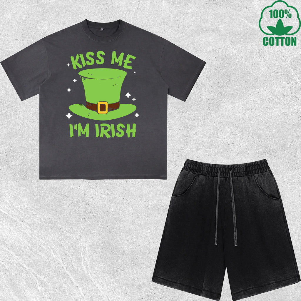 Kiss Me Im Irish Printed Dirty Wash T-Shirt Shorts Set Multicolor Combo Loose Trendy Fashionable 100%Cotton Short Value Pack