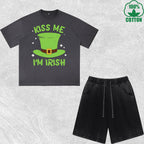 Kiss Me Im Irish Printed Dirty Wash T-Shirt Shorts Set Multicolor Combo Loose Trendy Fashionable 100%Cotton Short Value Pack
