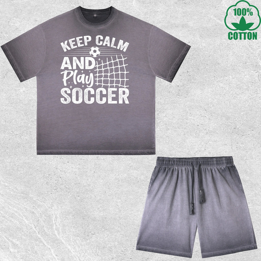 Keep Calm Soccer Printed Dirty Wash T-Shirt Shorts Set Multicolor Combo Loose Trendy Fashionable 100%Cotton