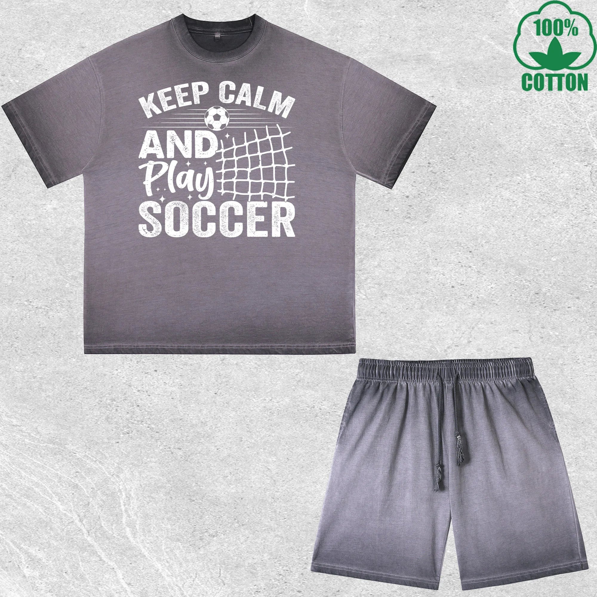 Keep Calm Soccer Printed Dirty Wash T-Shirt Shorts Set Multicolor Combo Loose Trendy Fashionable 100%Cotton