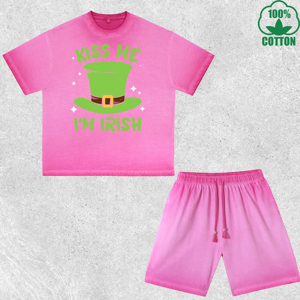 Kiss Me Im Irish Printed Dirty Wash T-Shirt Shorts Set Multicolor Combo Loose Trendy Fashionable 100%Cotton Short Value Pack
