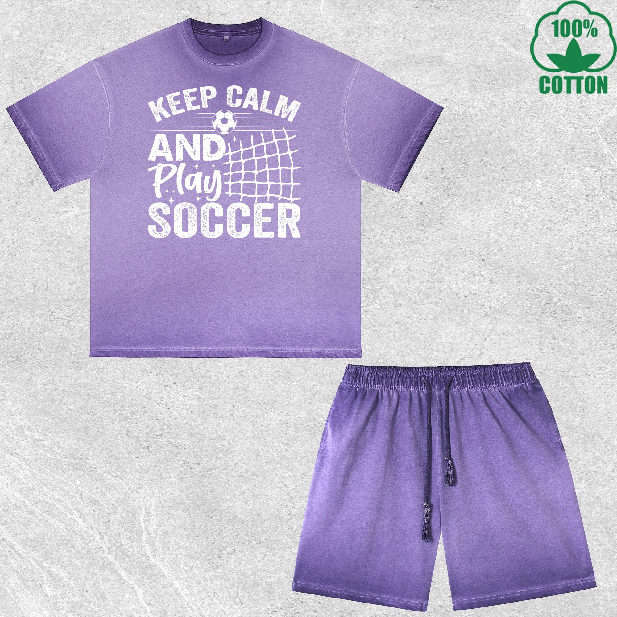 Keep Calm Soccer Printed Dirty Wash T-Shirt Shorts Set Multicolor Combo Loose Trendy Fashionable 100%Cotton