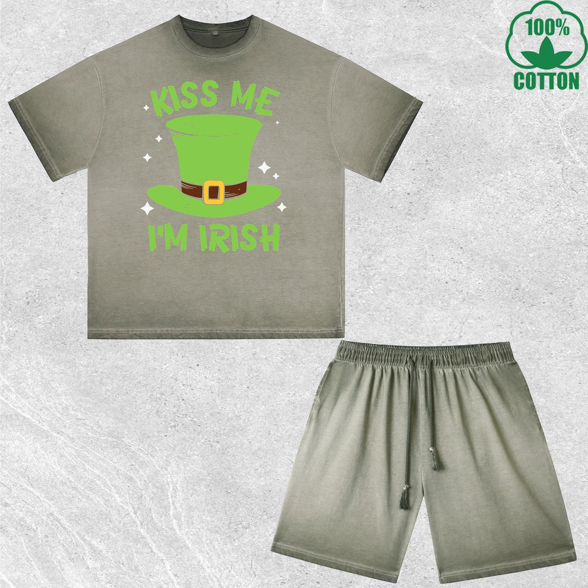 Kiss Me Im Irish Printed Dirty Wash T-Shirt Shorts Set Multicolor Combo Loose Trendy Fashionable 100%Cotton Short Value Pack