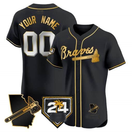 Atlanta Braves 2024 Spring Training & Georgia Patch Vapor Premier Elite Custom Jersey â€?Black Gold Baseball Jersey