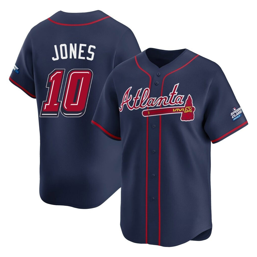 Atlanta Braves #10 Chipper Jones Player Navy 2025 Speedway Classic Home Game Stitched Baseball Jersey