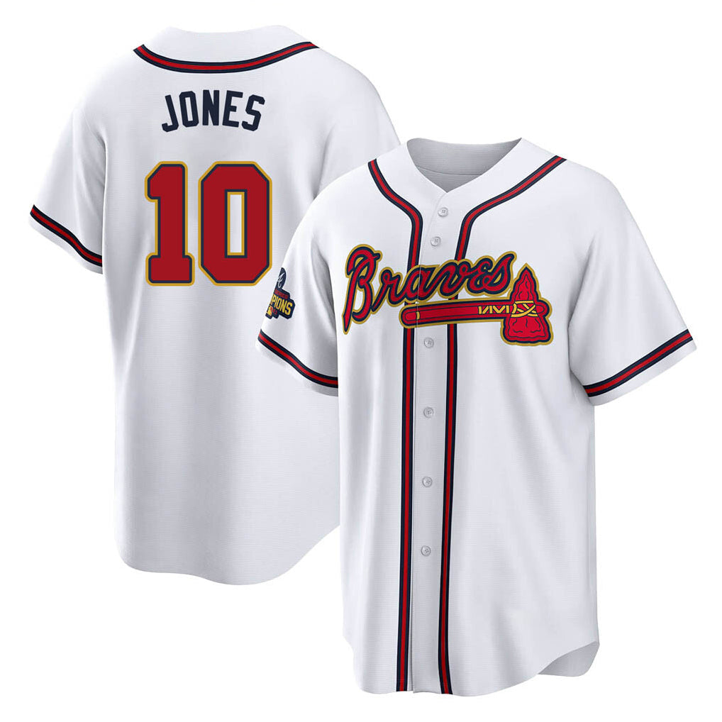 Atlanta Braves #10 Chipper Jones Player White Gold Home Game Stitched Baseball Jersey