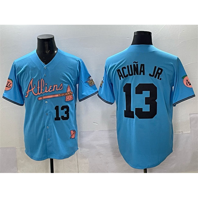 Atlanta Braves #13 Ronald Acuna Jr. Blue 2024 Atliens & Peach With Outkast Patch Vapor Limited Stitched Baseball Jersey