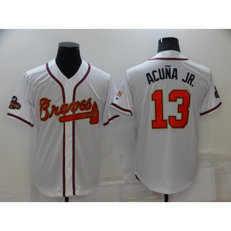 Atlanta Braves #13 Ronald Acuna Jr 2022 White Gold World Series Champions Program Cool Base Stitched Baseball Jersey