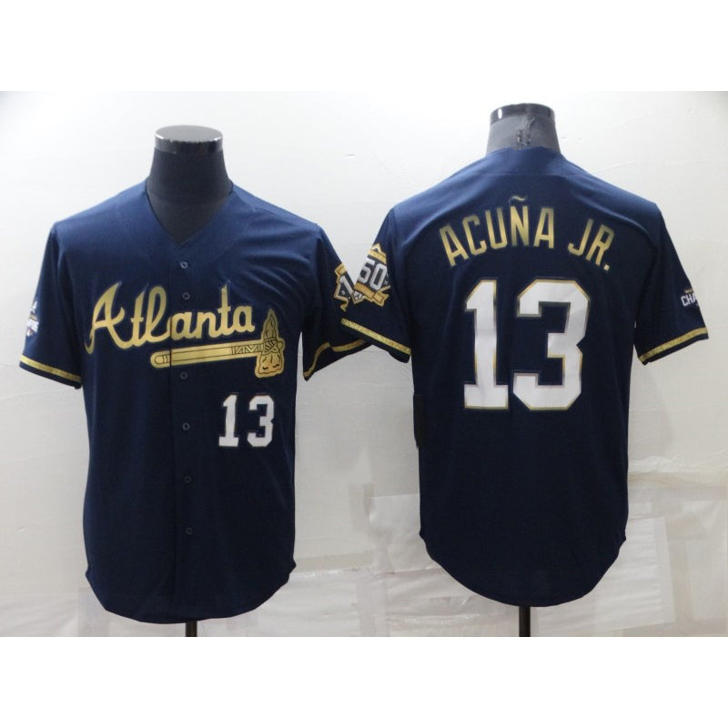 Atlanta Braves #13 Ronald Acuna Jr Navy Blue 2021 World Series Champions Golden Edition Stitched Cool Baseball Jersey