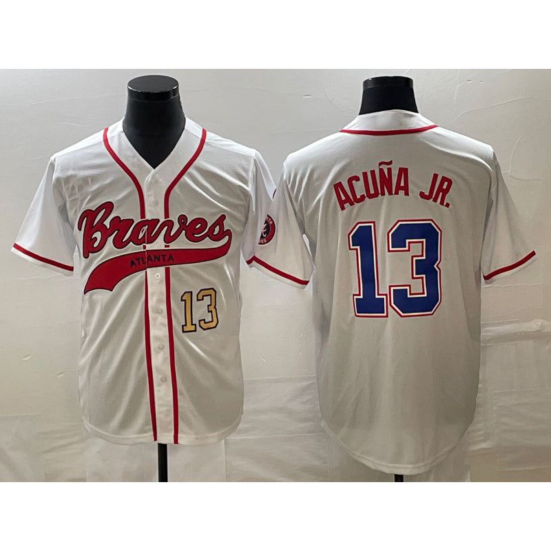 Atlanta Braves #13 Ronald Acuna Jr Number White Cool Base With Patch Stitched Baseball Jersey