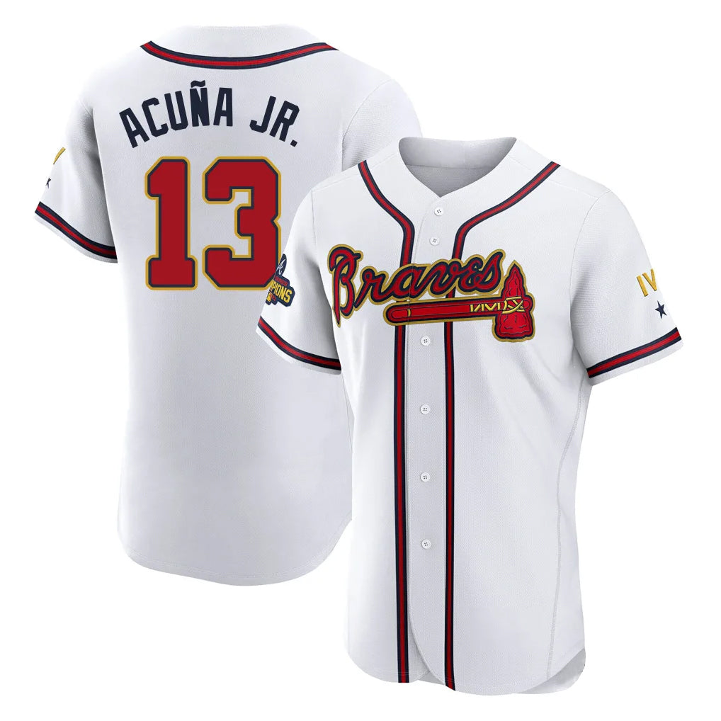 Atlanta Braves #13 Ronald Acuna Jr Player White Gold Limited Elite Home Game Stitched Baseball Jersey