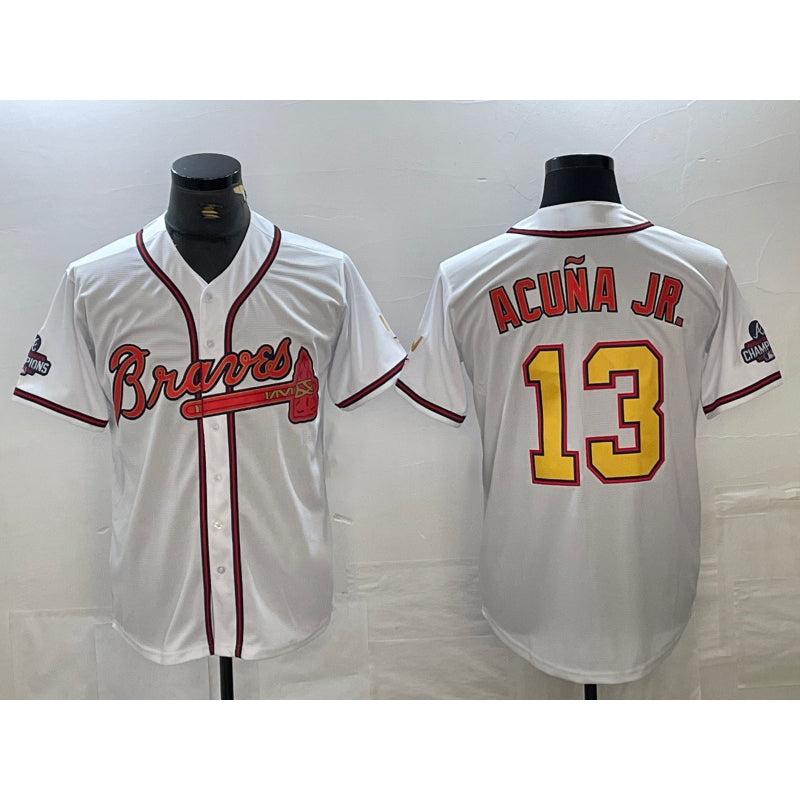 Atlanta Braves #13 Ronald Acuna Jr White Gold 2021 World Series Champions Stitched Cool Baseball Jersey
