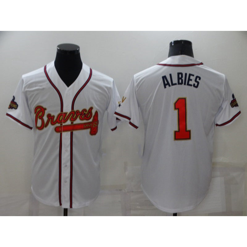 Atlanta Braves #1 Ozzie Albies 2022 White Gold World Series Champions Program Cool Base Stitched Baseball Jersey