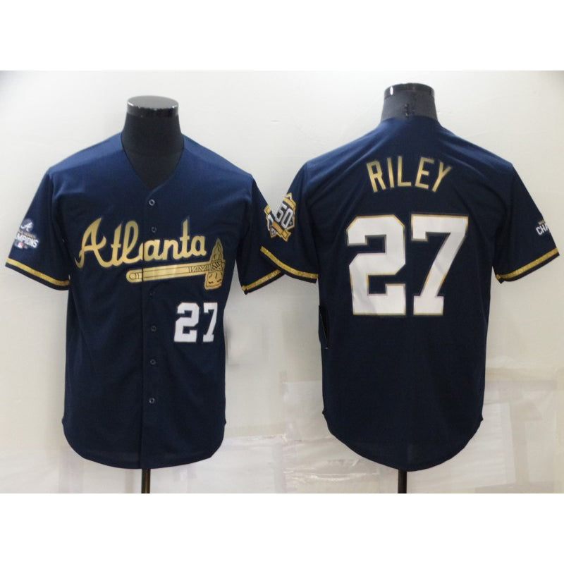 Atlanta Braves #27 Austin Riley 2022 Navy Blue 2021 World Series Champions Golden Edition Stitched Cool Baseball Jersey