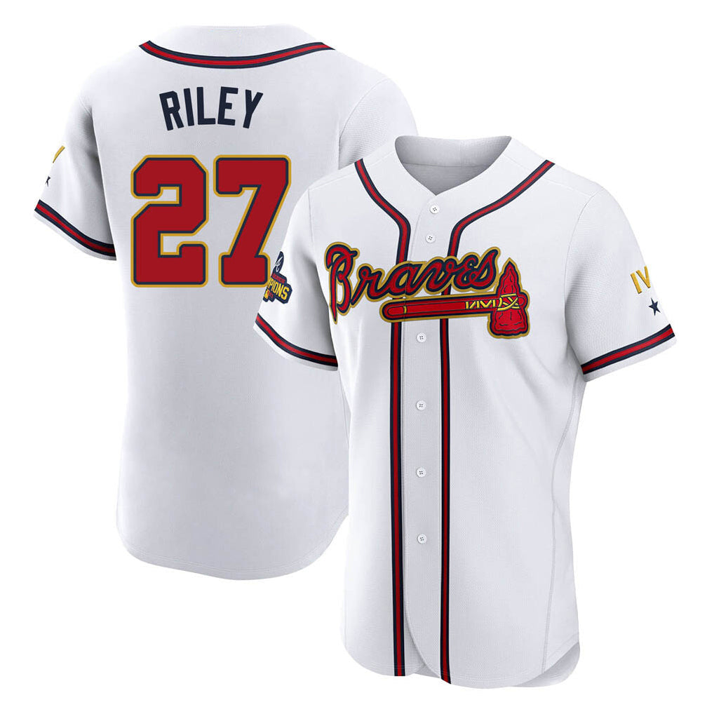 Atlanta Braves #27 Austin Riley Player White Gold Limited Elite Home Game Stitched Baseball Jersey