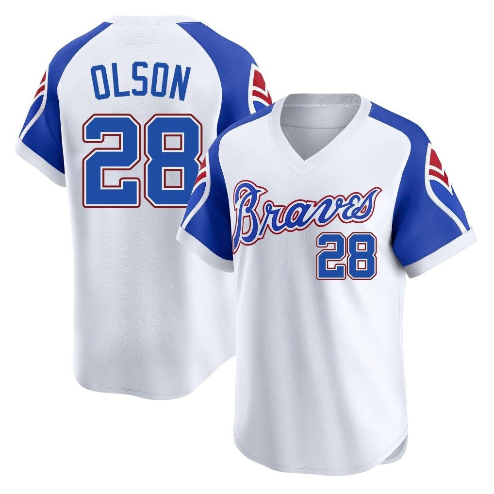 Atlanta Braves #28 Matt Olson Player White Throwback Cooperstown Collection T-shirt Game Stitched Baseball Jersey