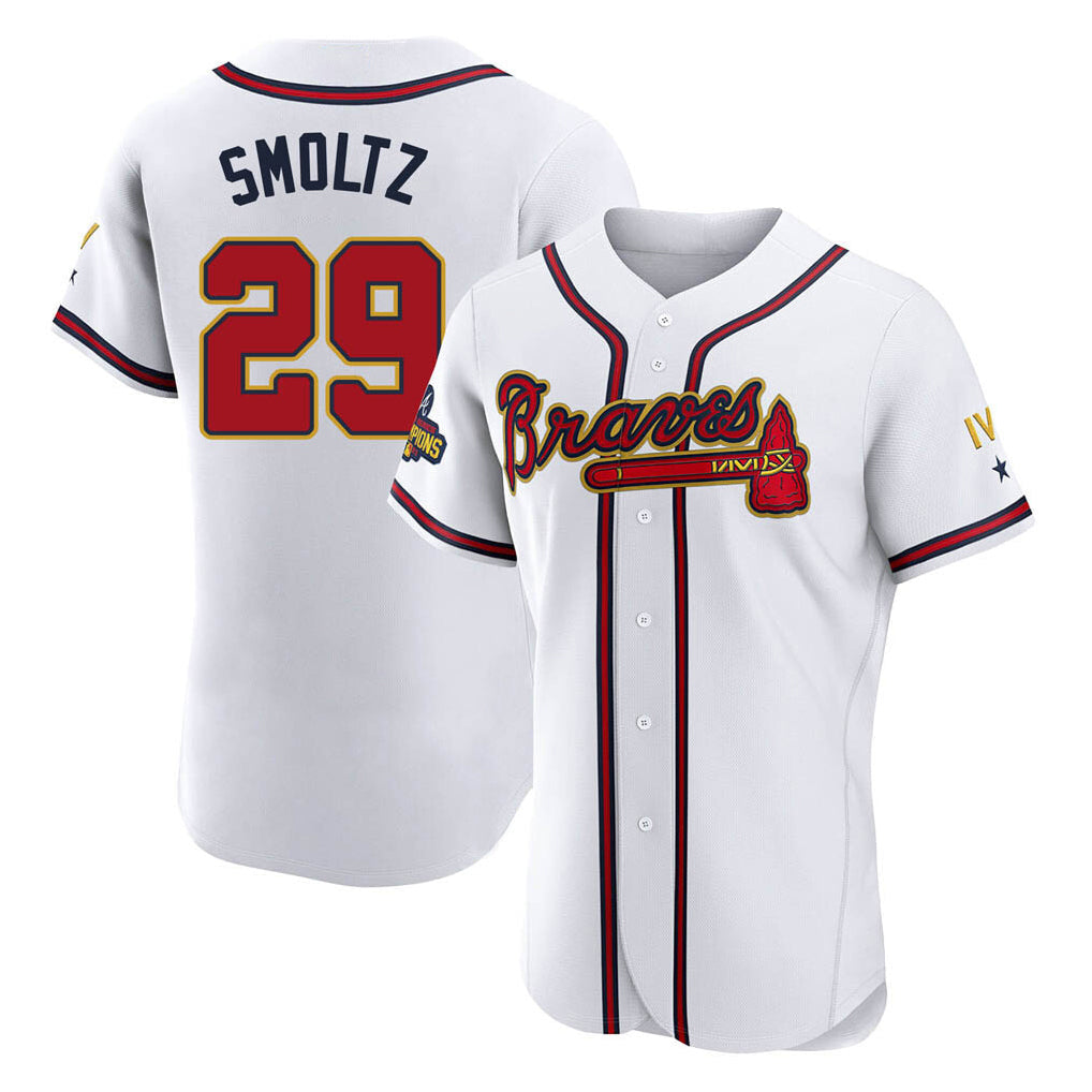 Atlanta Braves #29 John Smoltz Player White Gold Limited Elite Home Game Stitched Baseball Jersey