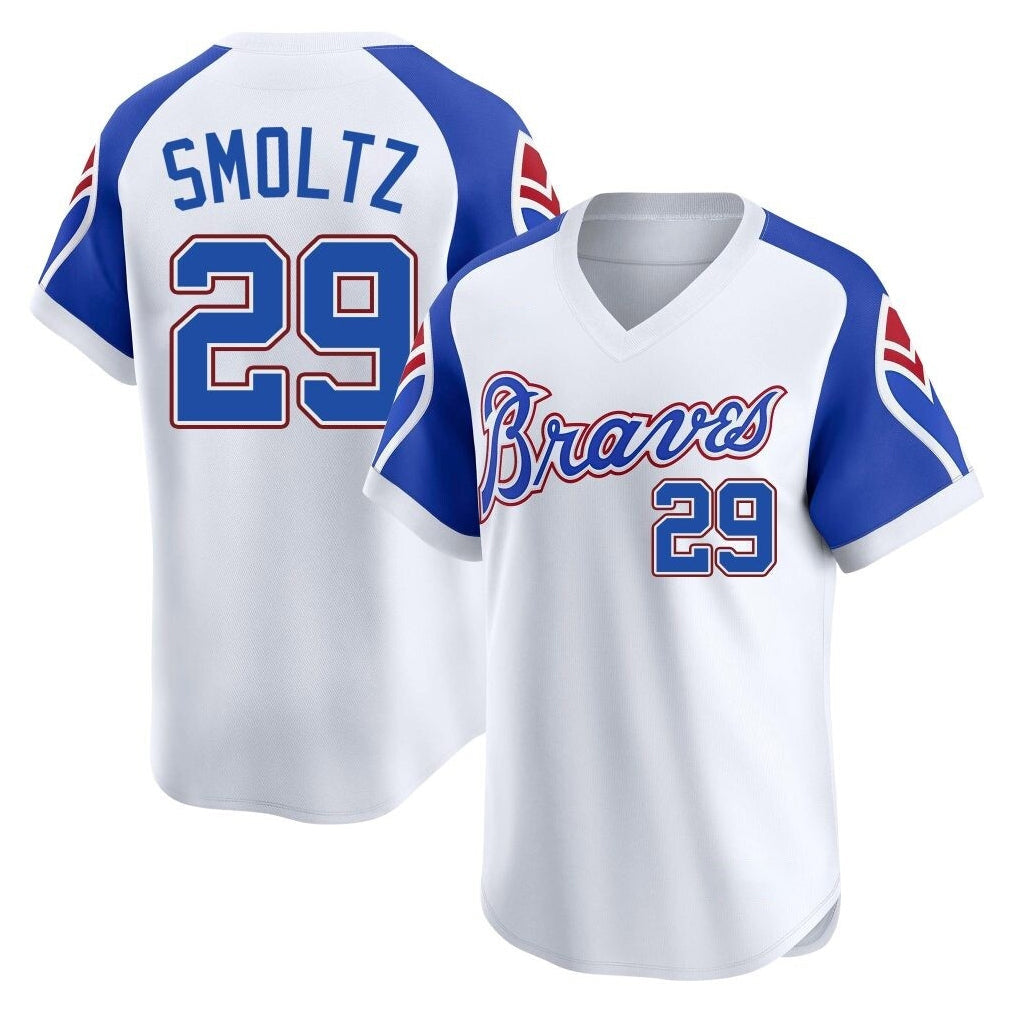 Atlanta Braves #29 John Smoltz Player White Throwback Cooperstown Collection T-shirt Game Stitched Baseball Jersey