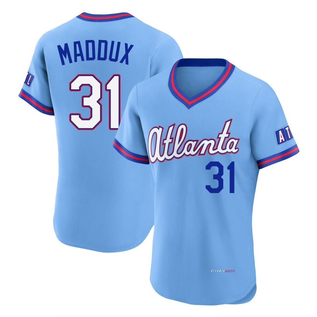 Atlanta Braves #31 Greg Maddux Player Powder Blue 2026 City Connect T-shirt Limited Elite Home Game Stitched Baseball Jersey