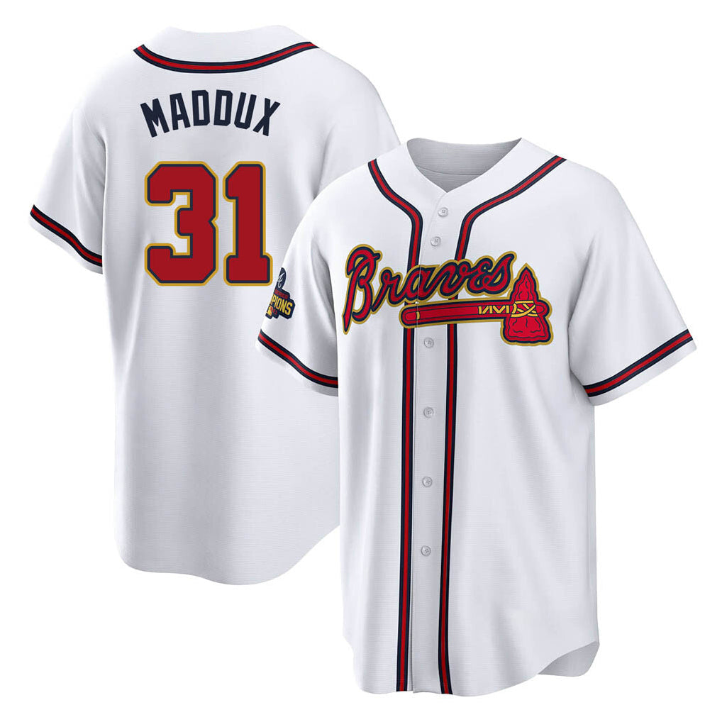 Atlanta Braves #31 Greg Maddux Player White Gold Home Game Stitched Baseball Jersey
