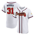Atlanta Braves #31 Greg Maddux Player White Gold Limited Elite Home Game Stitched Baseball Jersey