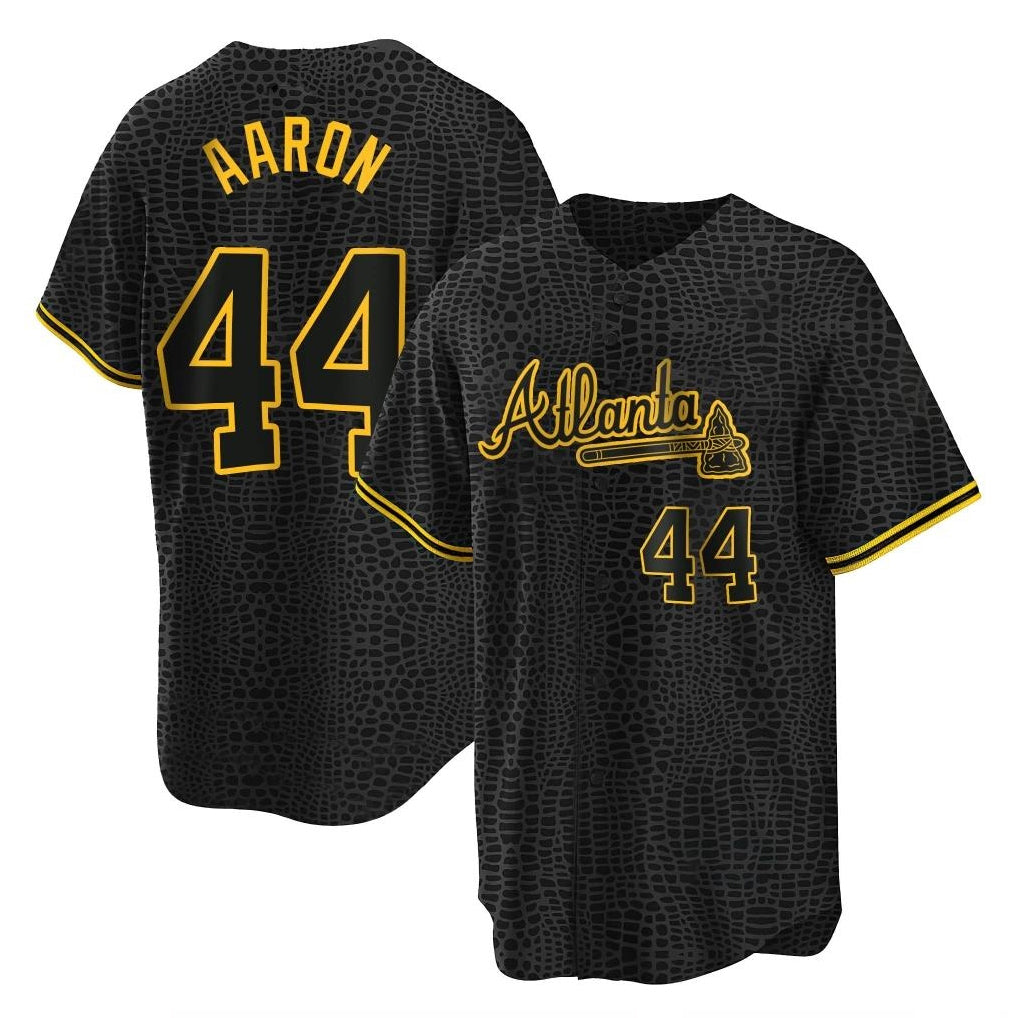 Atlanta Braves #44 Hank Aaron Player Black Snake Skin City Home Game Stitched Baseball Jersey