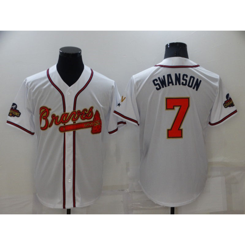 Atlanta Braves #7 Dansby Swanson 2022 White Gold World Series Champions Program Cool Base Stitched Baseball Jersey