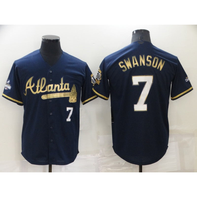 Atlanta Braves #7 Dansby Swanson Navy Blue 2021 World Series Champions Golden Edition Stitched Cool Baseball Jersey