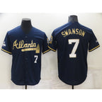 Atlanta Braves #7 Dansby Swanson Navy Blue 2021 World Series Champions Golden Edition Stitched Cool Baseball Jersey