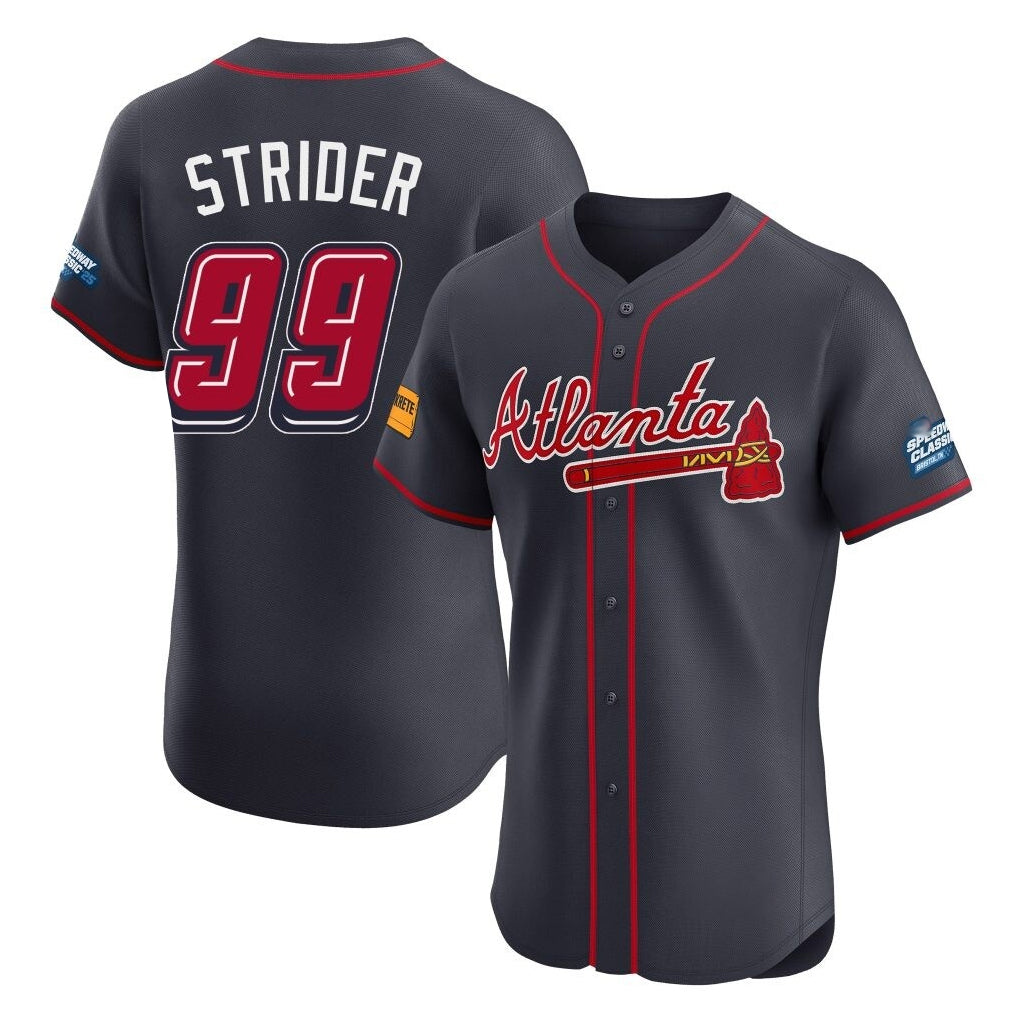 Atlanta Braves #99 Spencer Strider Player Navy 2025 Speedway Classic Limited Elite Home Game Stitched Baseball Jersey