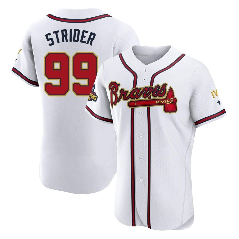Atlanta Braves #99 Spencer Strider Player White Gold Limited Elite Home Game Stitched Baseball Jersey