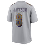 B.Ravens #8 Lamar Jackson Atmosphere Fashion Game Jersey - Gray Stitched Football American Jersey