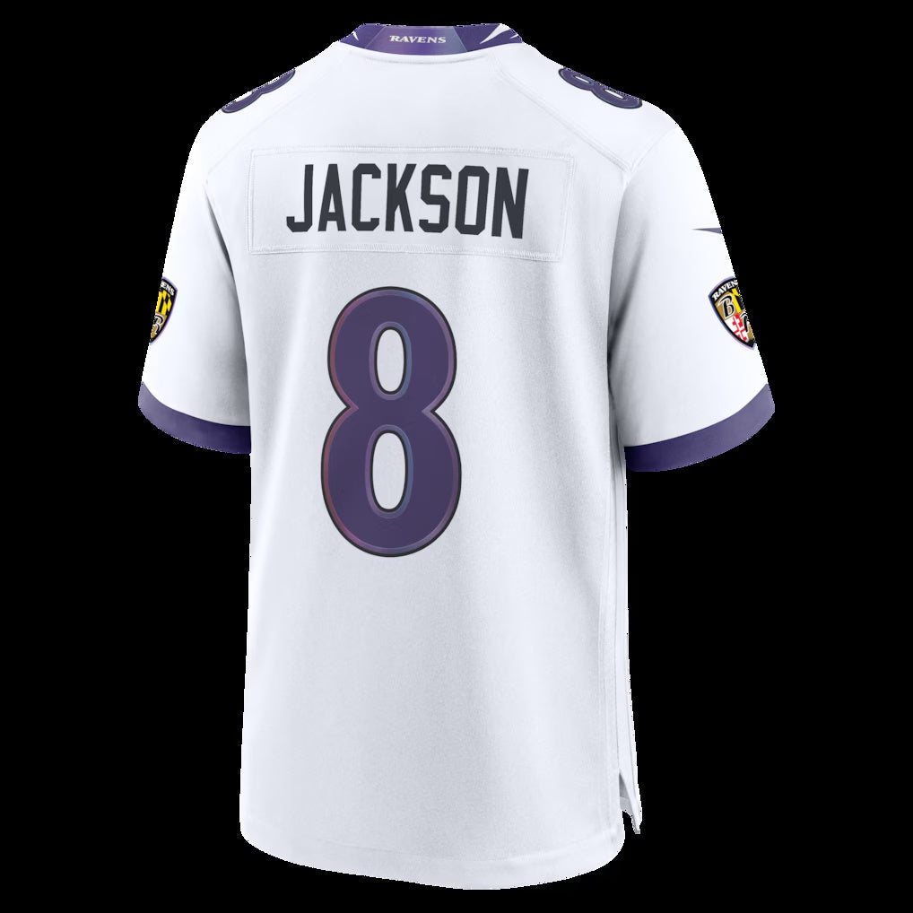 B.Ravens #8 Lamar Jackson White Game Stitched Football American Jersey