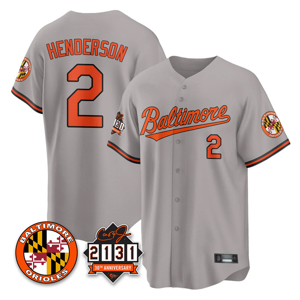 Baltimore Orioles #2 Gunnar Henderson Player Gray 30th Anniversary of 2131 Home Game Stitched Baseball Jersey