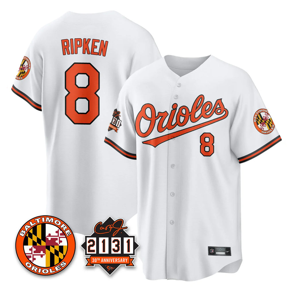 Baltimore Orioles #8 Cal Ripken Player White 30th Anniversary of 2131 Home Game Stitched Baseball Jersey