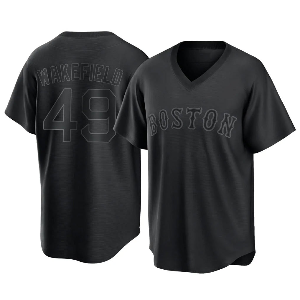 Boston Red Sox #49 Tim Wakefield Player Black T-shirt Home Game Stitched Baseball Jersey
