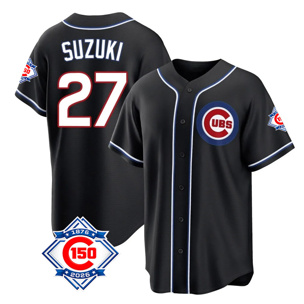 Chicago Cubs #27 Seiya Suzuki Player Black Fashion Out 150th Anniversary Game Stitched Baseball Jersey