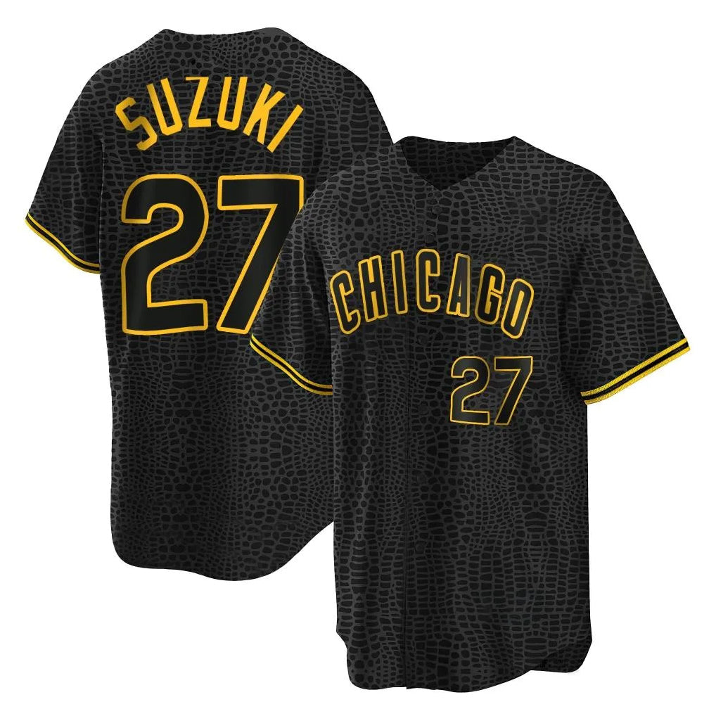 Chicago Cubs #27 Seiya Suzuki Player Black Snake Skin City Game Stitched Baseball Jersey