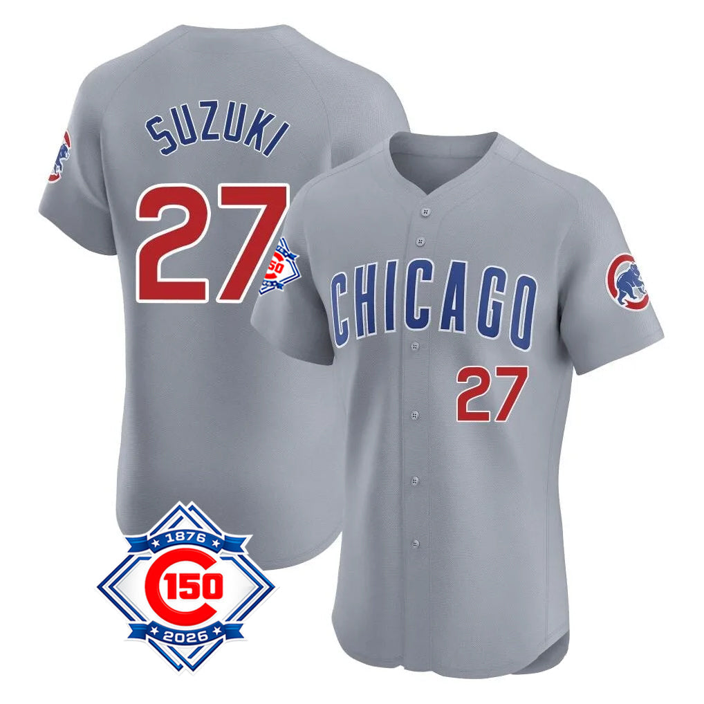 Chicago Cubs #27 Seiya Suzuki Player Gray Road 150th Anniversary Limited Elite Home Stitched Baseball Jersey
