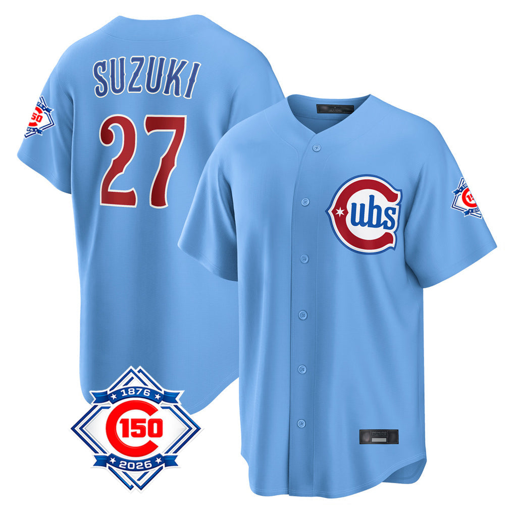 Chicago Cubs #27 Seiya Suzuki Player Light Blue 150th Anniversary Home Game Stitched Baseball Jersey