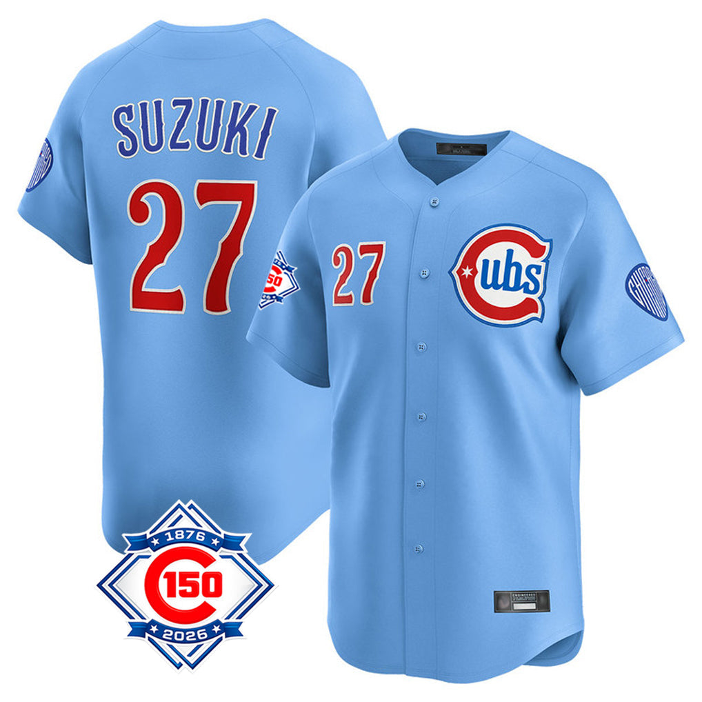 Chicago Cubs #27 Seiya Suzuki Player Light Blue 150th Anniversary Limited Home Stitched Baseball Jersey