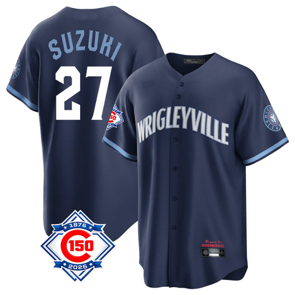 Chicago Cubs #27 Seiya Suzuki Player Navy 150th Anniversary City Connect Home Game Stitched Baseball Jersey
